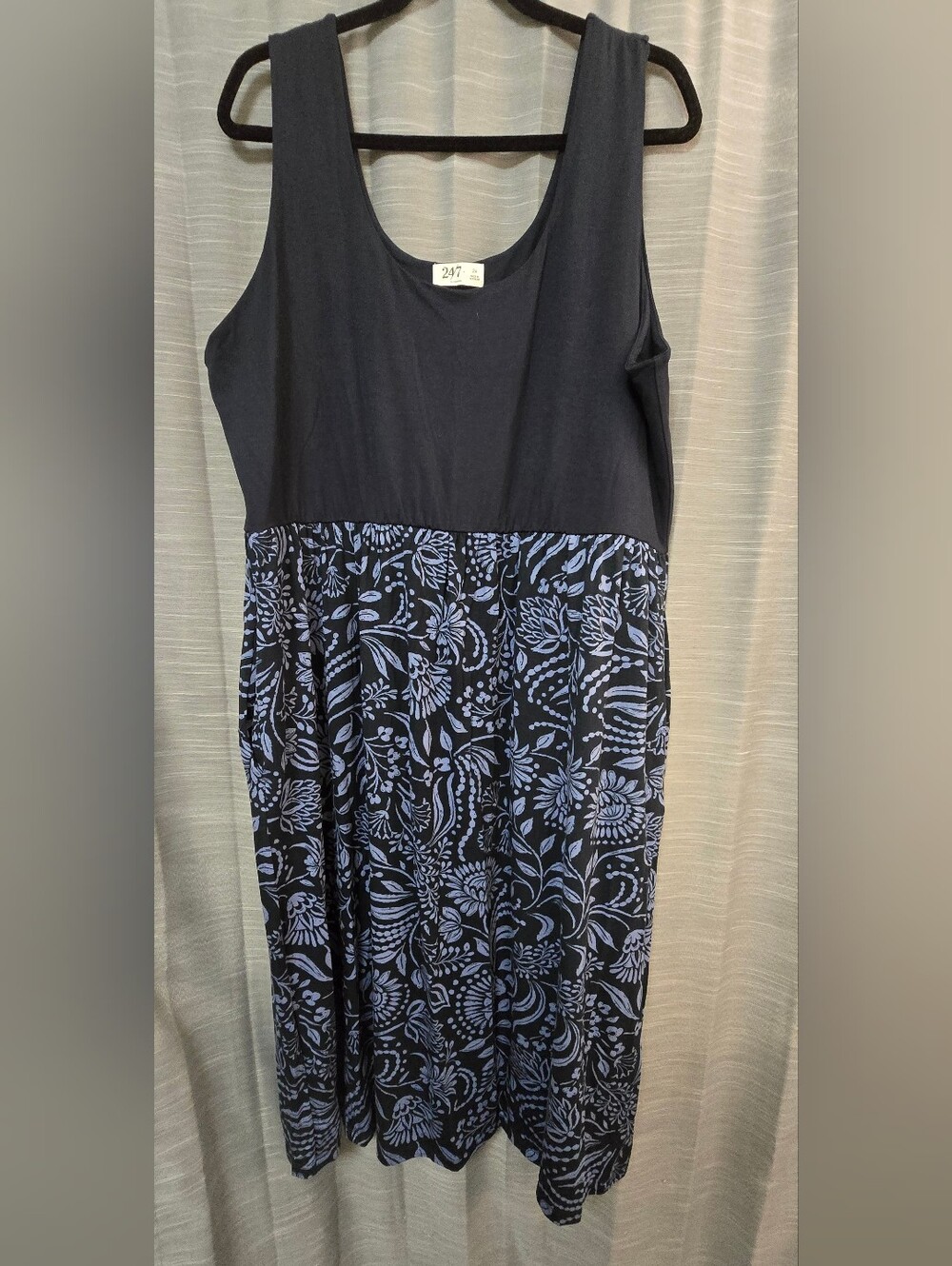 Sleeveless Navy Midi Dress with Light Blue Floral Skirt
